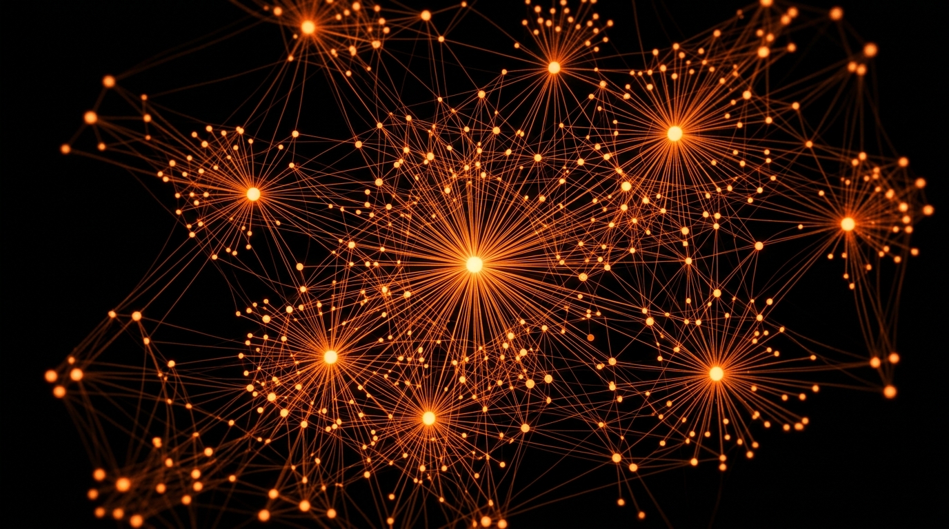 Hub and spoke network of glowing orange nodes representing topical authority in AI search