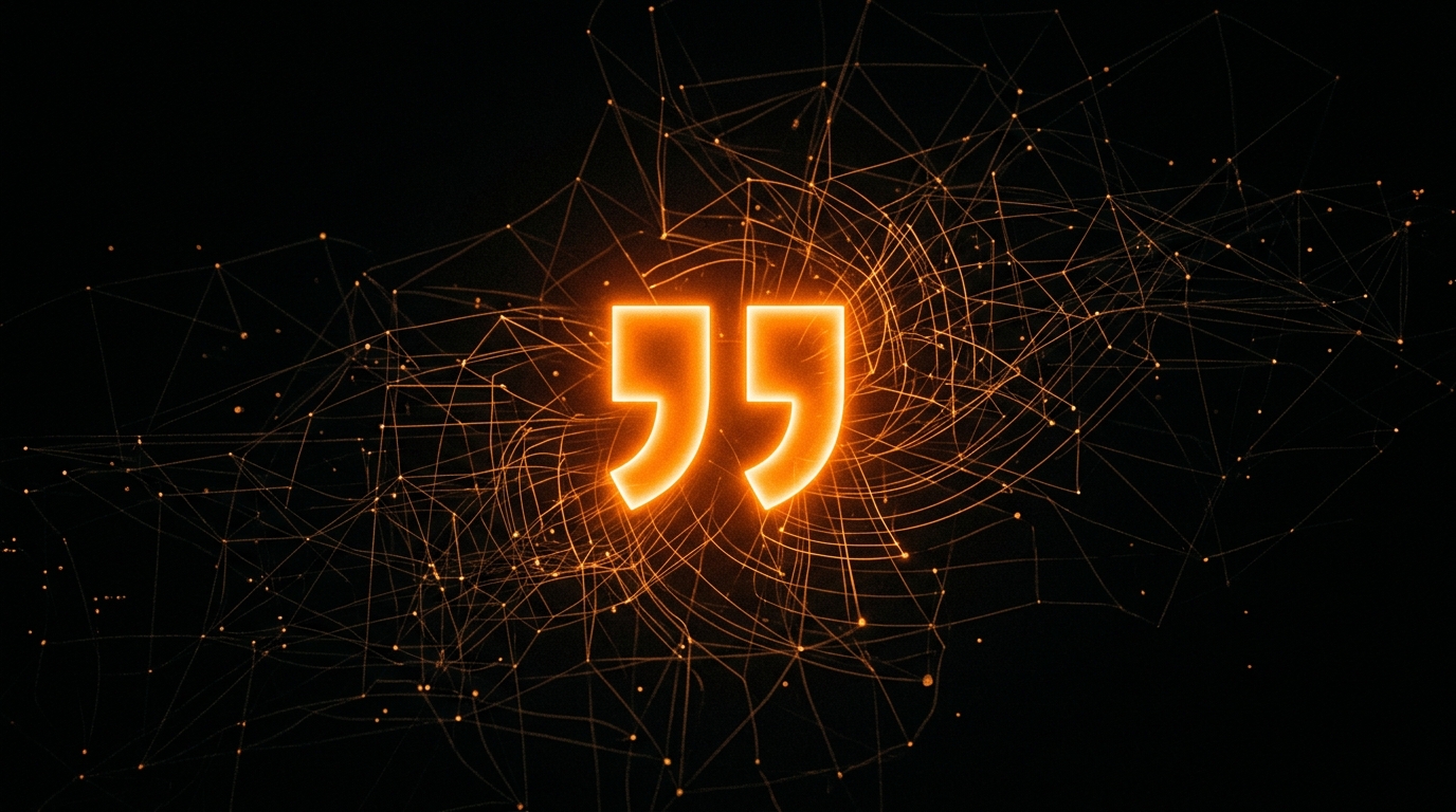 Glowing orange citation symbol emerging from a dark data network